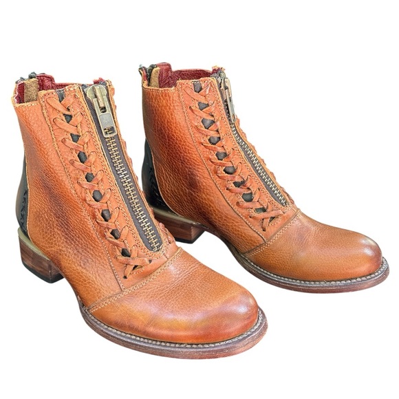FREEBIRD by Steven Wales Ankle Boots Size 7 Brown Zipper Lace Up Round Toe Block - Picture 1 of 9